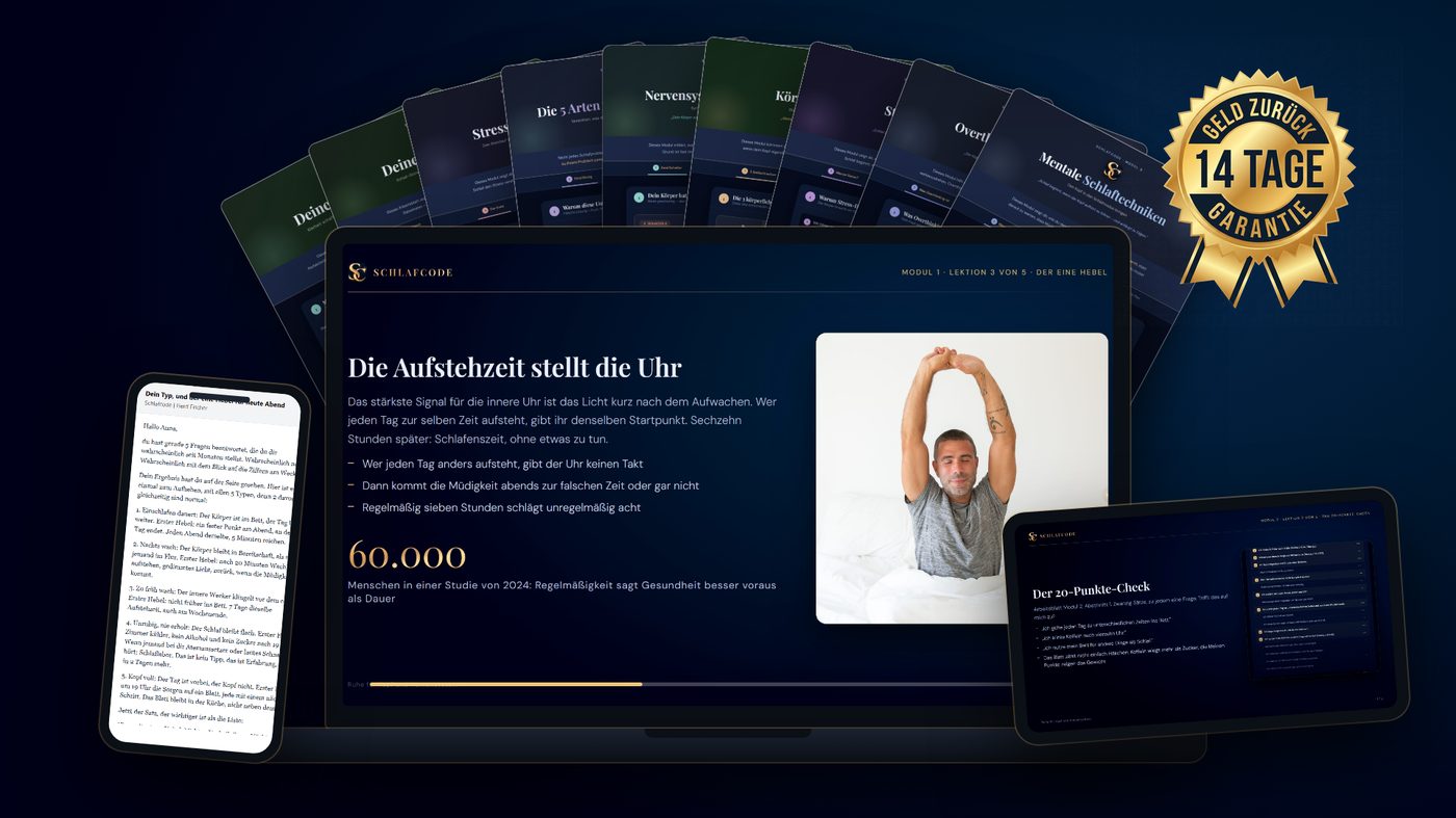 Schlafcode auf Laptop, Tablet und Handy, dahinter die neun Arbeitsblätter